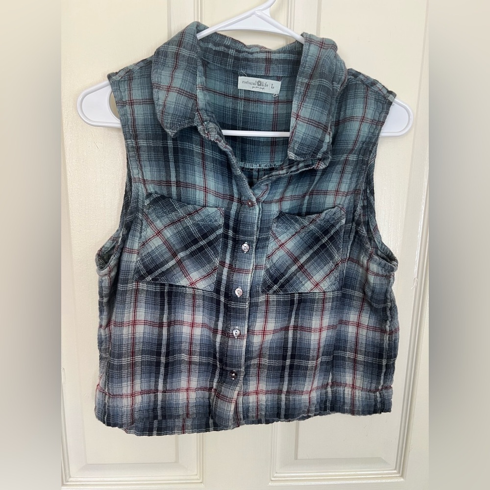 Natural Life Plaid Sleeveless Button Front Crop Top Blue Cotton Size L